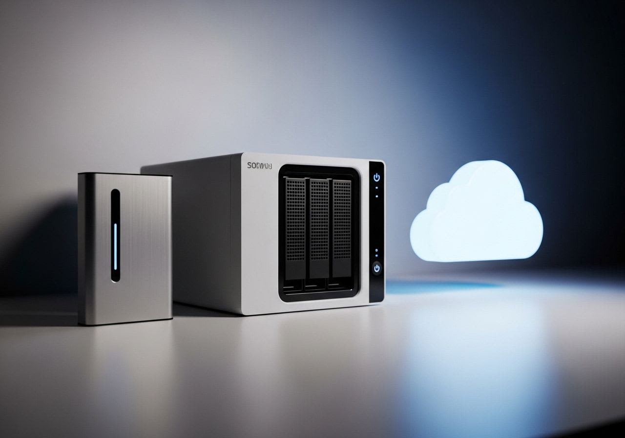 Verschiedene Methoden der Datensicherung zu Hause: Externe SSD, ein NAS-System und ein Cloud-Symbol nebeneinander auf einem Schreibtisch.