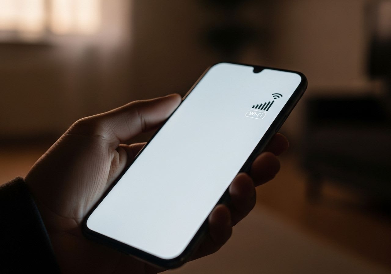 Hand hält Smartphone mit sehr schwachem Signal als Symbol für schlechten WLAN-Empfang am Handy und die Suche nach Lösungen.