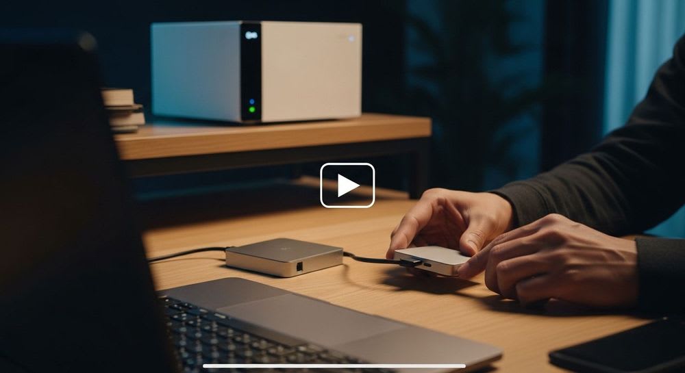 Eine Person am Schreibtisch sichert Daten für die ultimative Datensicherung zu Hause, indem sie eine externe Festplatte mit einem Laptop verbindet.