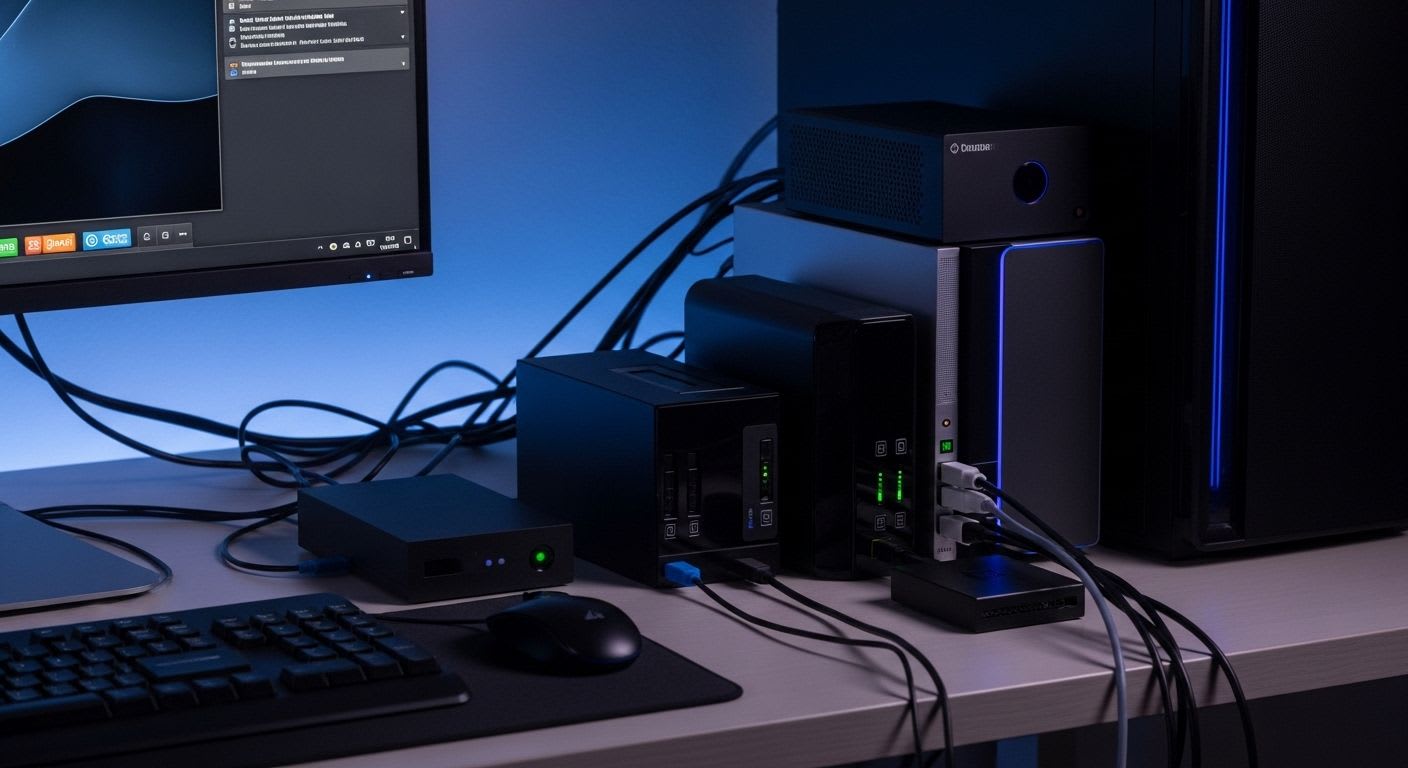 Ein robustes Setup zur Datensicherung zu Hause mit mehreren externen Festplatten, die an einen Computer angeschlossen sind, um Datenverlust zu verhindern.