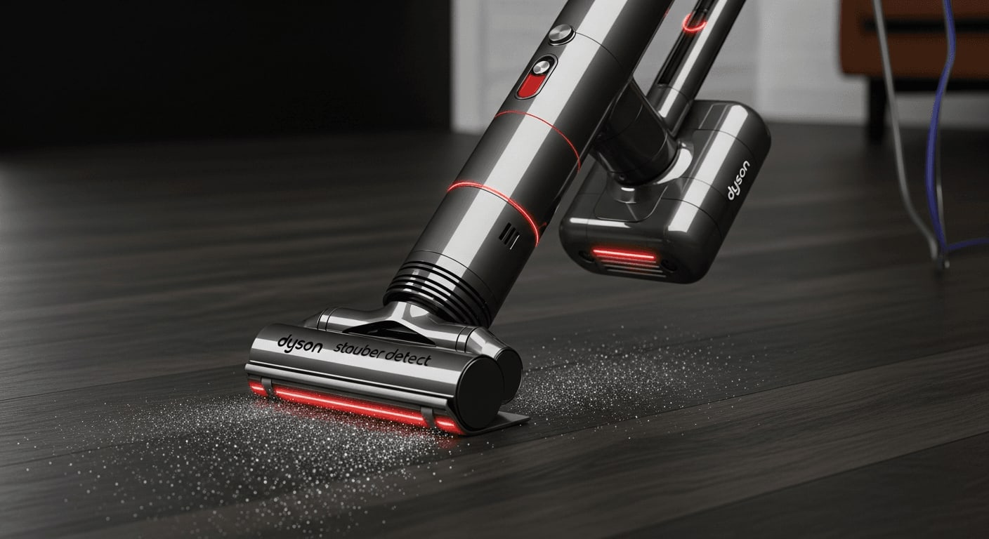Ein Dyson V12 Detect Slim Akkusauger mit Laser-Stauberkennung auf einem dunklen Holzboden, der feinen Staub sichtbar macht.