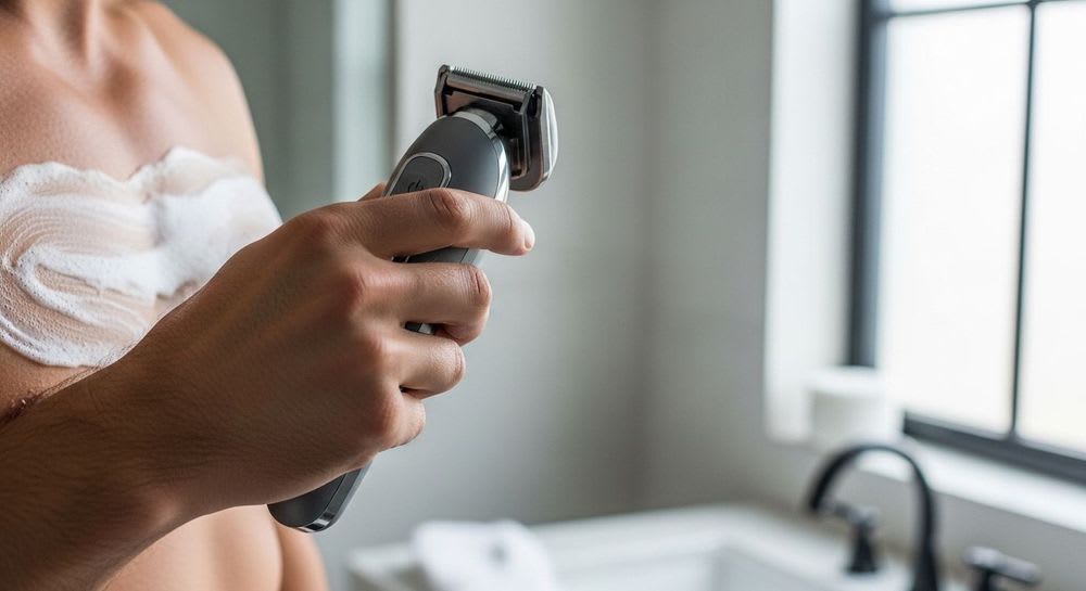 Ein Mann bei der Anwendung eines modernen Bodygroomers für das Manscaping der Brust in einem hellen, minimalistischen Badezimmer.