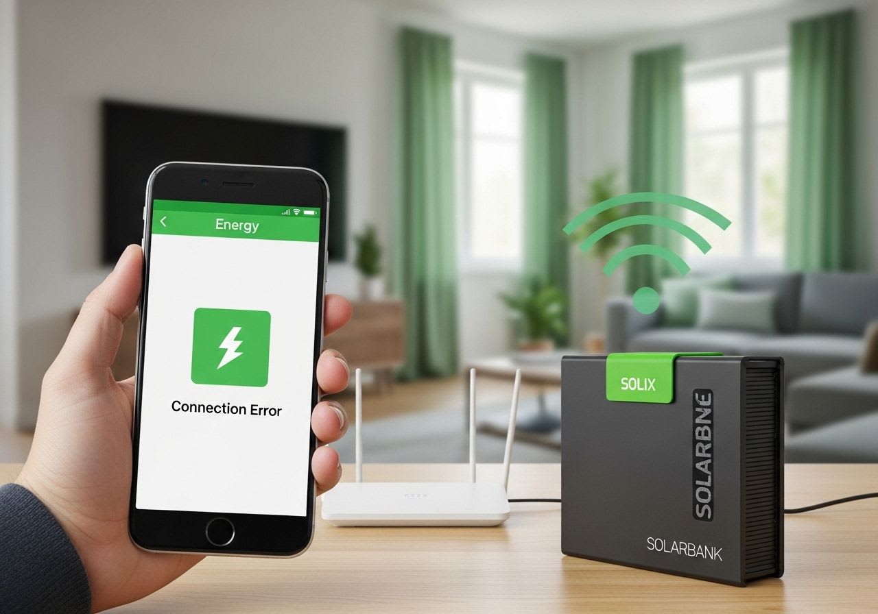 Smartphone mit Verbindungsfehler in der Energie-App zur Lösung von Anker SOLIX WLAN Problemen, im Hintergrund eine Solarbank.