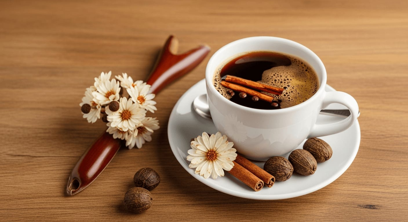 Eine Tasse Kaffee mit Zimt & Kardamom, dekoriert mit einer Zimtstange und Kardamomkapseln auf einem Holztisch.