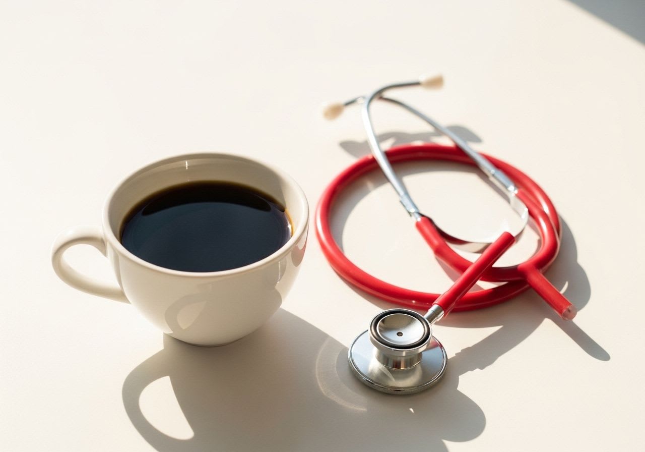 Eine Tasse Kaffee neben einem Stethoskop als klares Symbol für das Thema Kaffee und Gesundheit.