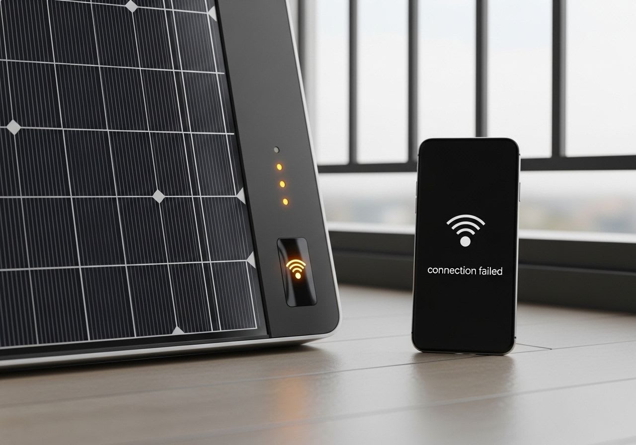 Anker SOLIX Solarbank 2 E1600 Pro mit einer Warnleuchte, die auf Verbindungsprobleme hinweist, neben einem Smartphone.