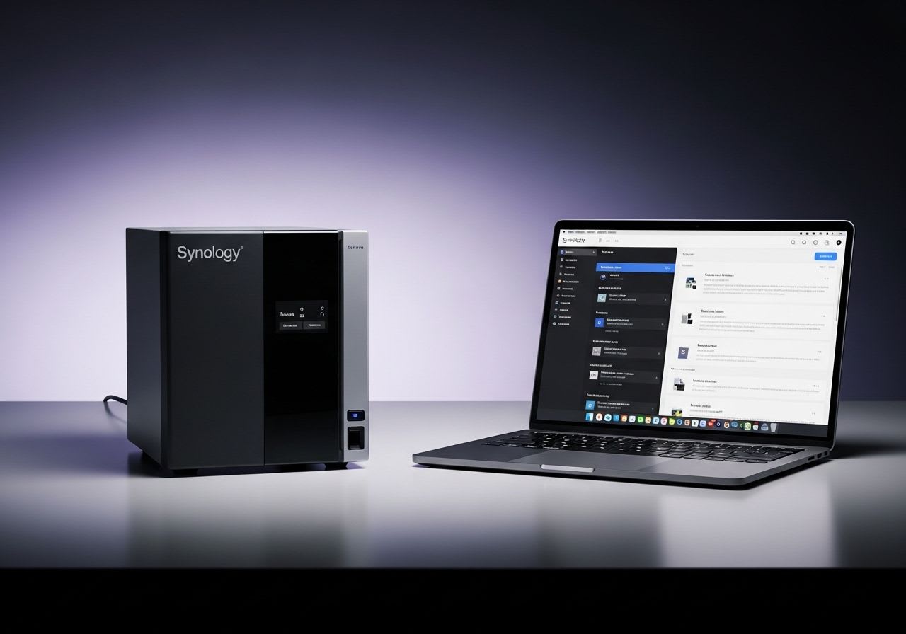Ein Synology NAS-Gerät auf einem Schreibtisch, das mit der Synology Assistant Software auf einem Laptop verwaltet wird.