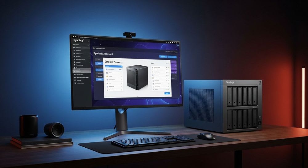 Umfassender Guide zur NAS-Verwaltung mit dem Synology Assistant, dargestellt auf einem großen Monitor in einem Home Office.