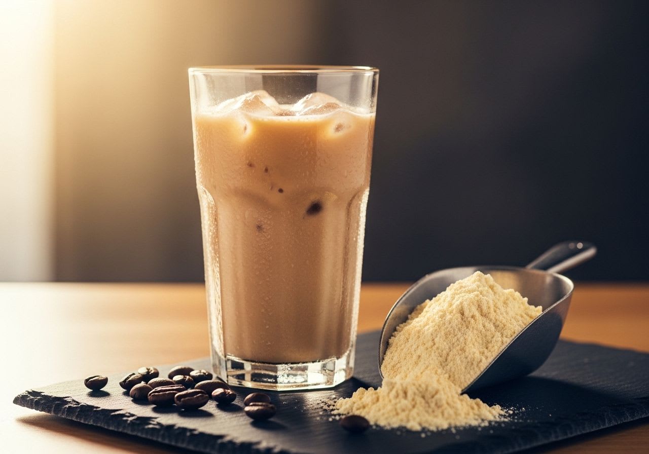 Ein Glas cremiger Kaffee mit Protein, daneben eine Schaufel Proteinpulver und Kaffeebohnen als Guide für Power und Genuss.