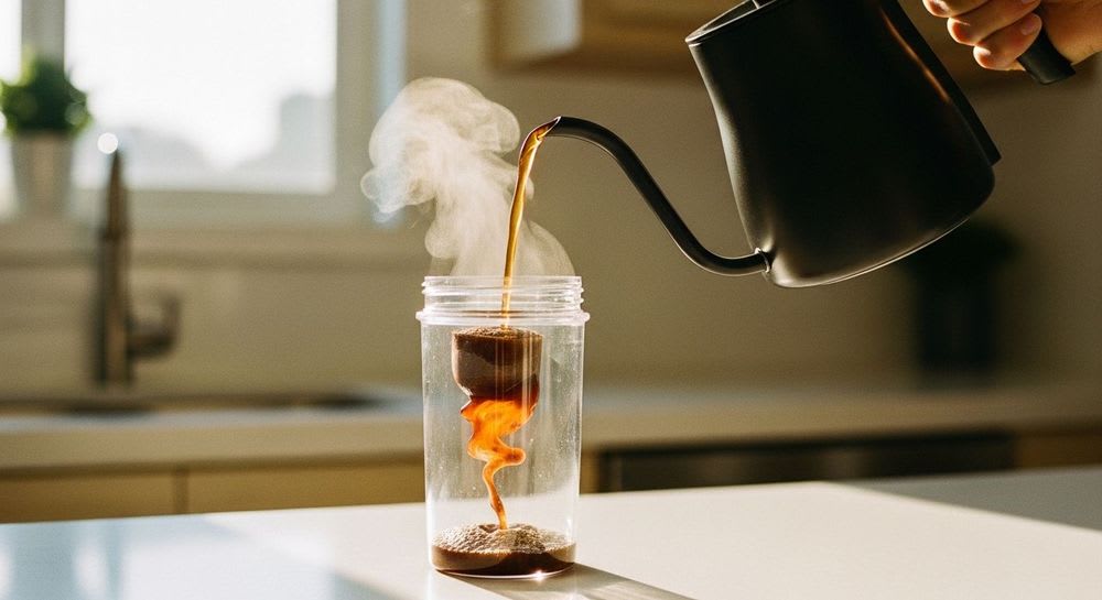 Zubereitung von Kaffee mit Protein: Frisch gebrühter Kaffee wird als Guide für Power und Genuss in einen Shaker mit Pulver gegossen.