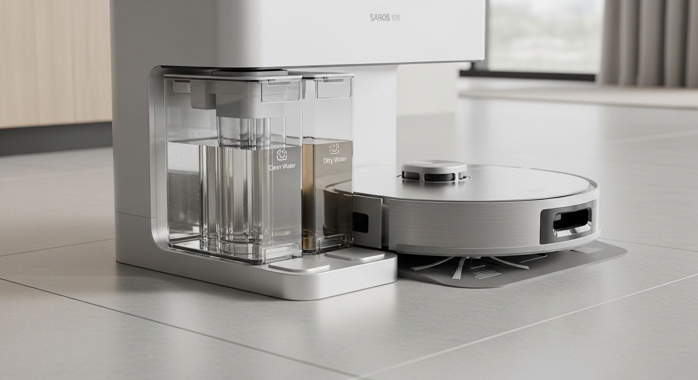 Die Multifunktionsstation des Roborock Saros 10R Saug-Wischroboters mit Wasserbehältern für eine hygienische Moppreinigung.