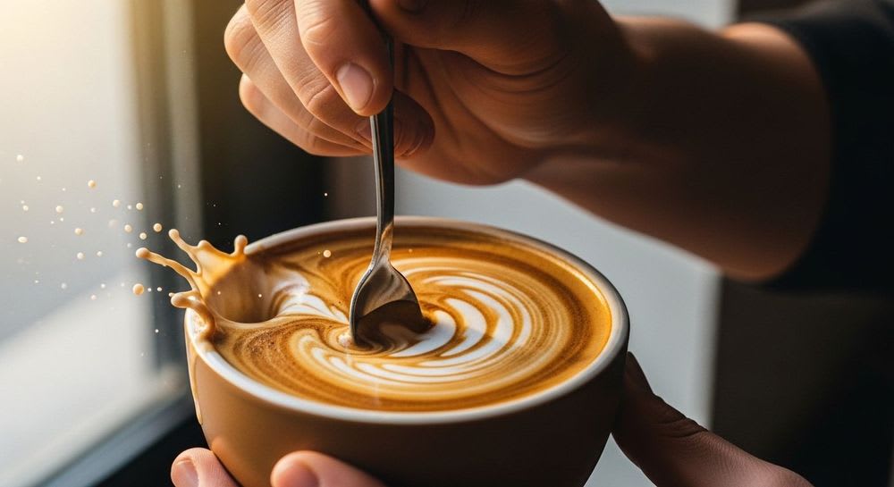 Das Cappuccino Assassine Meme in Aktion: eine Hand zerstört kunstvolle Latte Art in einer Tasse mit einem Löffel.