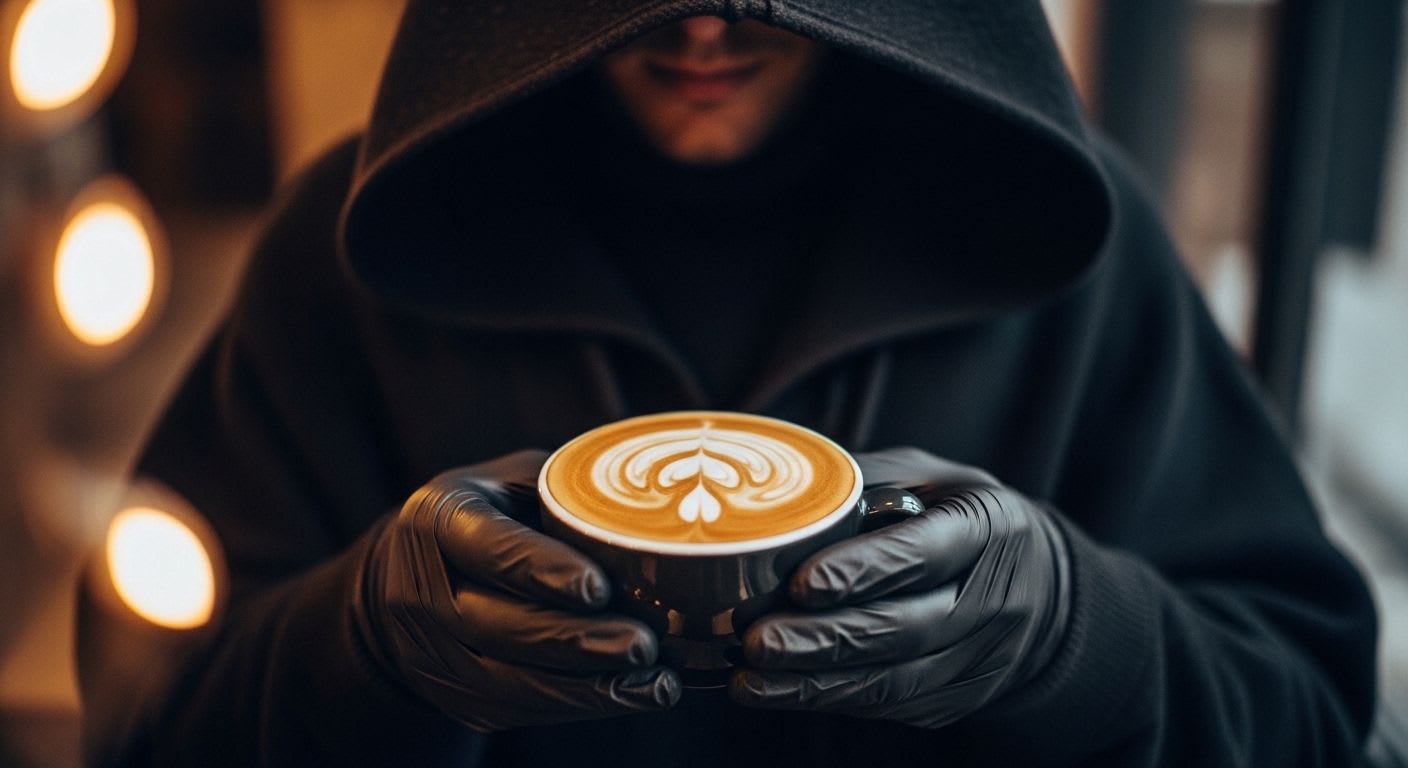 Dramatische Szene des Cappuccino Assassine: eine dunkle Gestalt hält eine Tasse mit perfektem Milchschaum in einem Café.