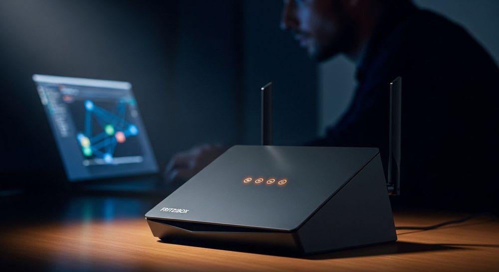 Eine FRITZ!Box mit leuchtenden LEDs; eine Person optimiert die Einstellungen, um das FRITZ!Box WLAN zu verstärken.