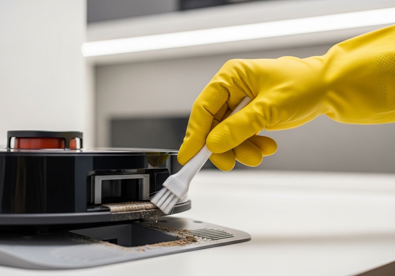 Nahaufnahme der Reinigung einer Roboter-Station mit einer Bürste, um hartnäckigen Biofilm und schlechte Gerüche zu vermeiden.