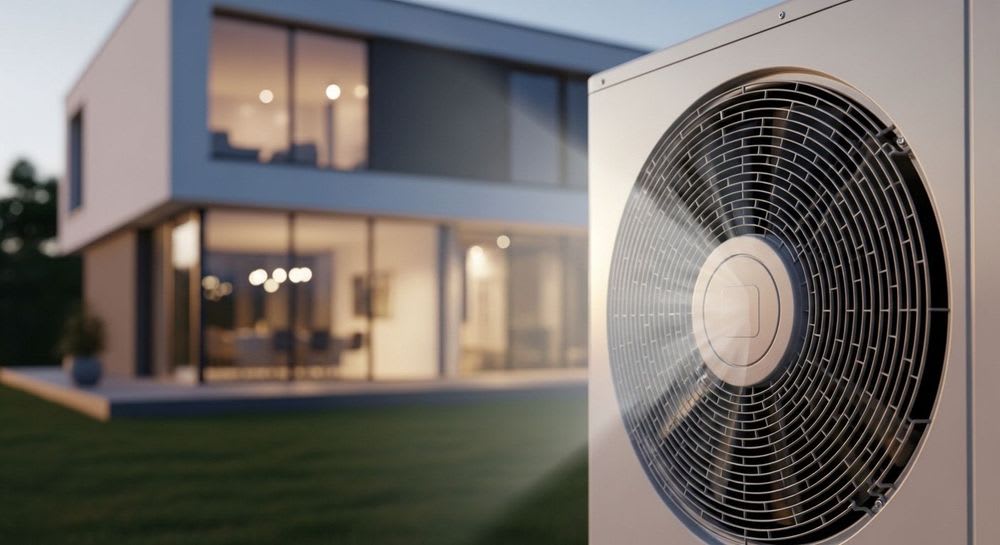 Atmosphärische Nahaufnahme der Außeneinheit, die die Funktionsweise einer Luftwärmepumpe beim effizienten Heizen eines Hauses zeigt.