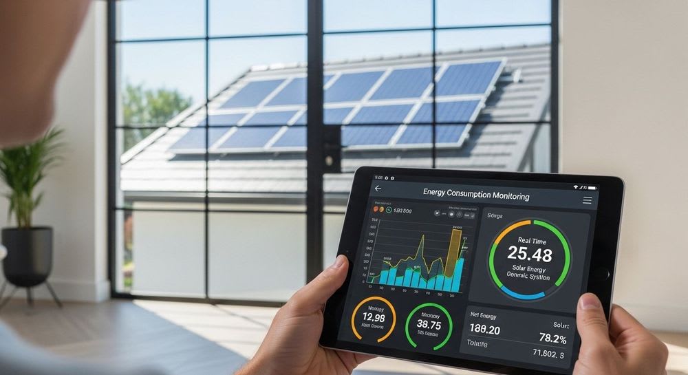Person analysiert den PV-Anlage Eigenverbrauch auf einem Tablet, um die Umsatzsteuer und Wirtschaftlichkeit zu optimieren.