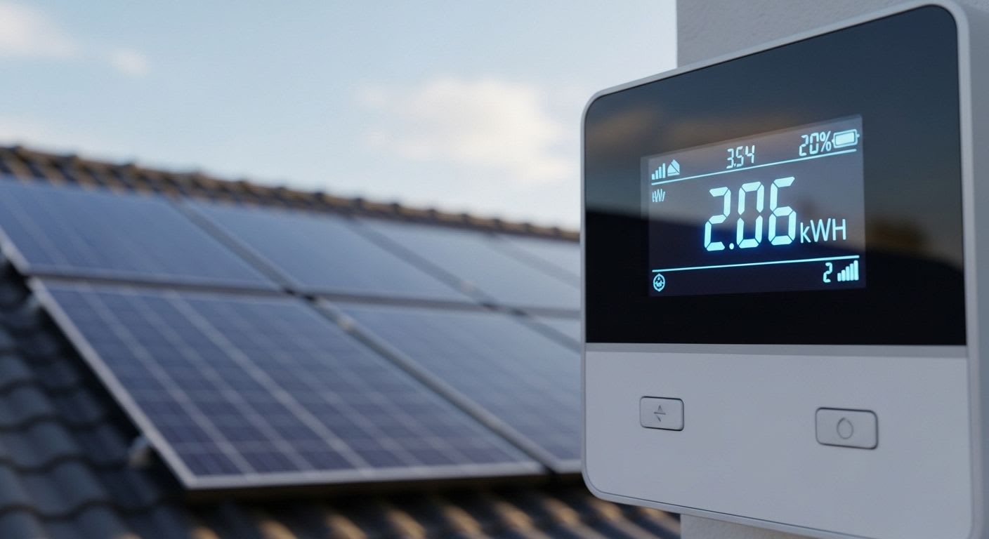 Intelligenter Stromzähler zeigt den genauen PV-Anlage Eigenverbrauch in kWh, eine wichtige Grundlage für die Umsatzsteuer-Berechnung.