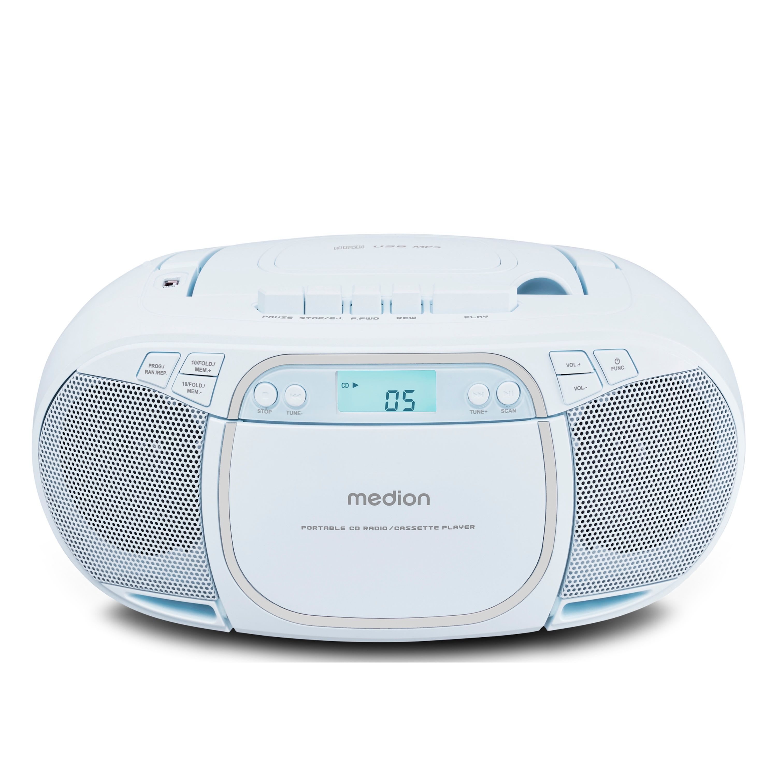 MEDION LIFE E66476 Tragbare CD-Boombox blau, CD-Player, Kassettendeck, FM-Radio, USB-MP3-Wiedergabe, 30…