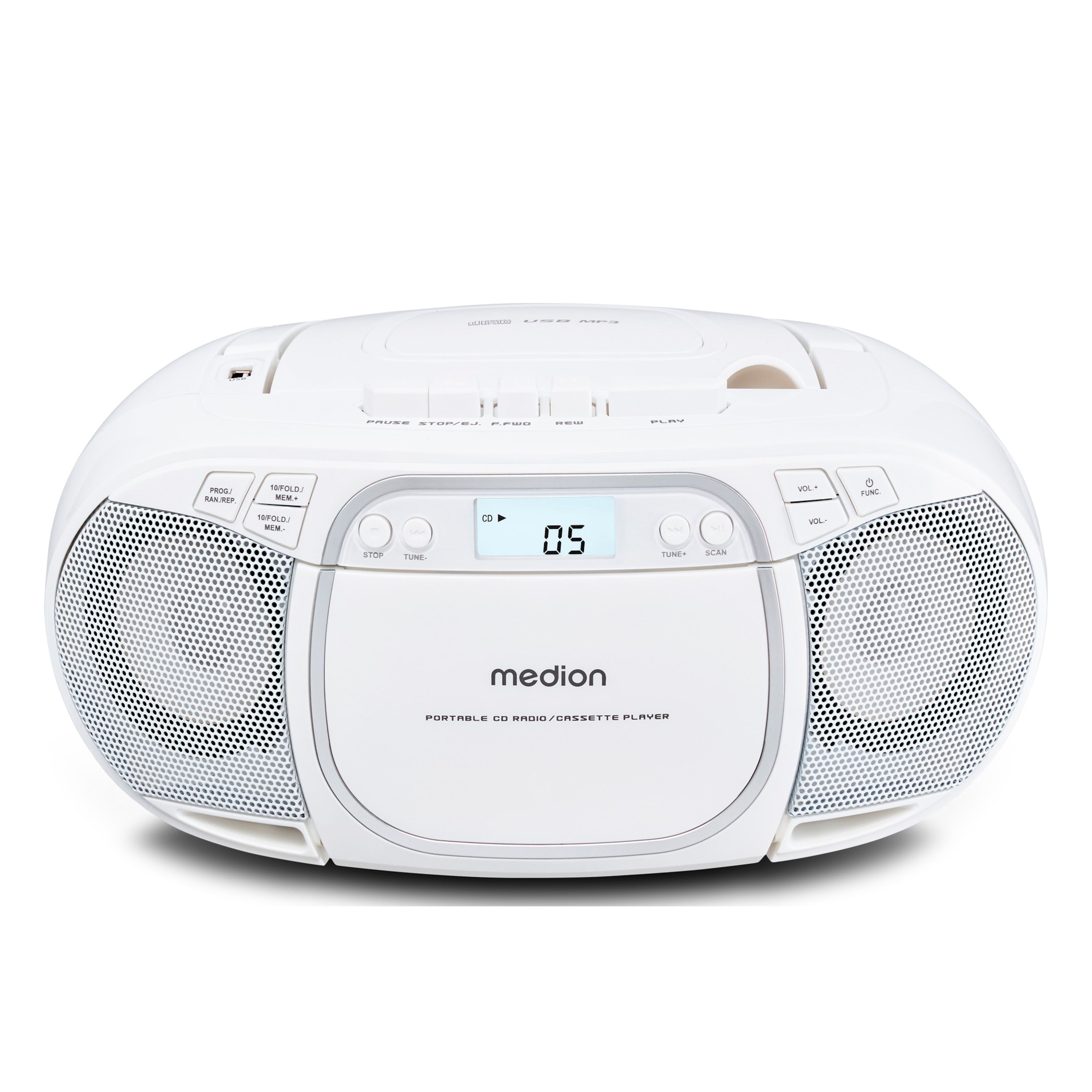 MEDION LIFE E66476 Tragbare CD-Boombox weiß, CD-Player, Kassettendeck, FM-Radio, USB-MP3-Wiedergabe, 30…