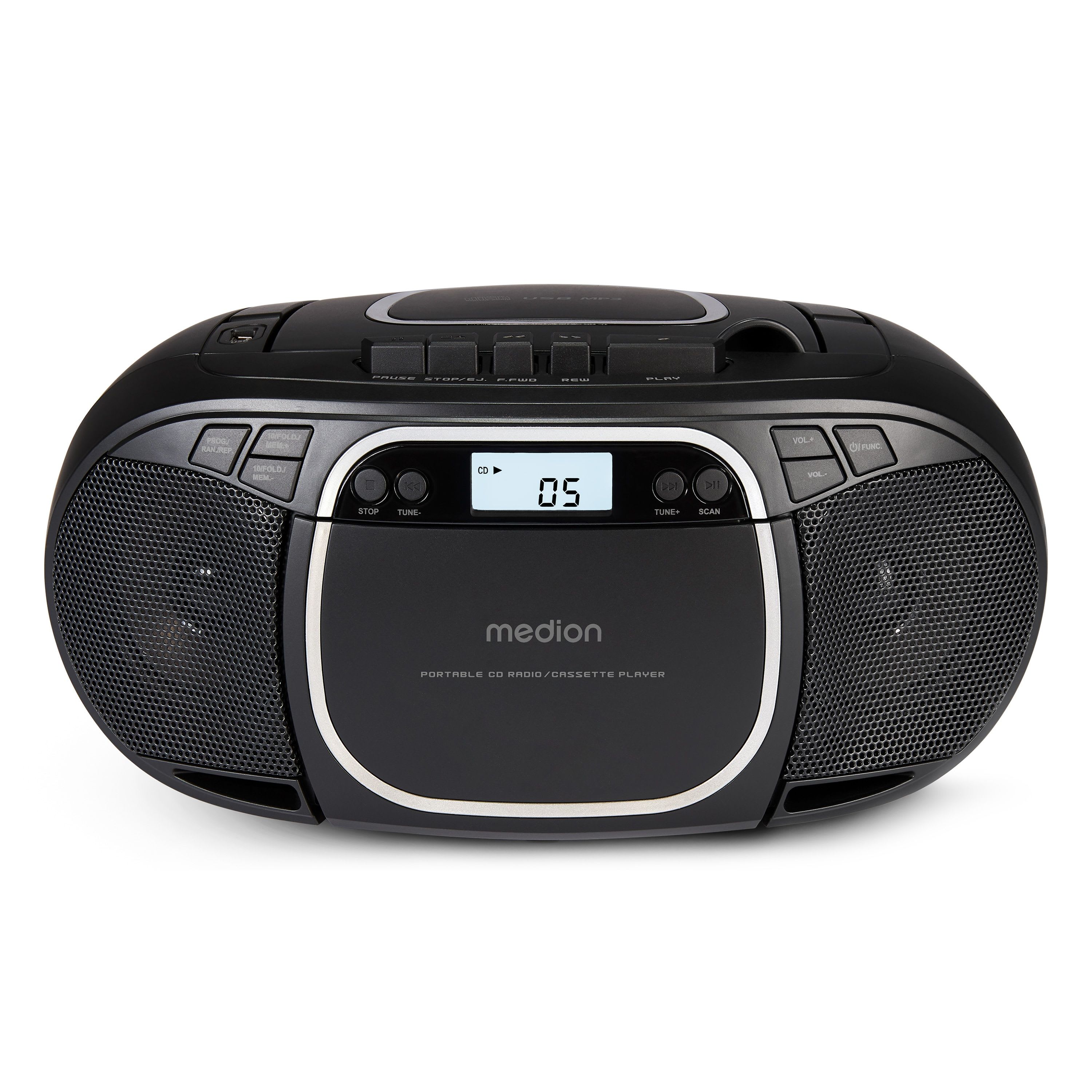 MEDION LIFE E66476 Tragbare CD-Boombox schwarz, CD-Player, Kassettendeck, FM-Radio, USB-MP3-Wiedergabe, 30…