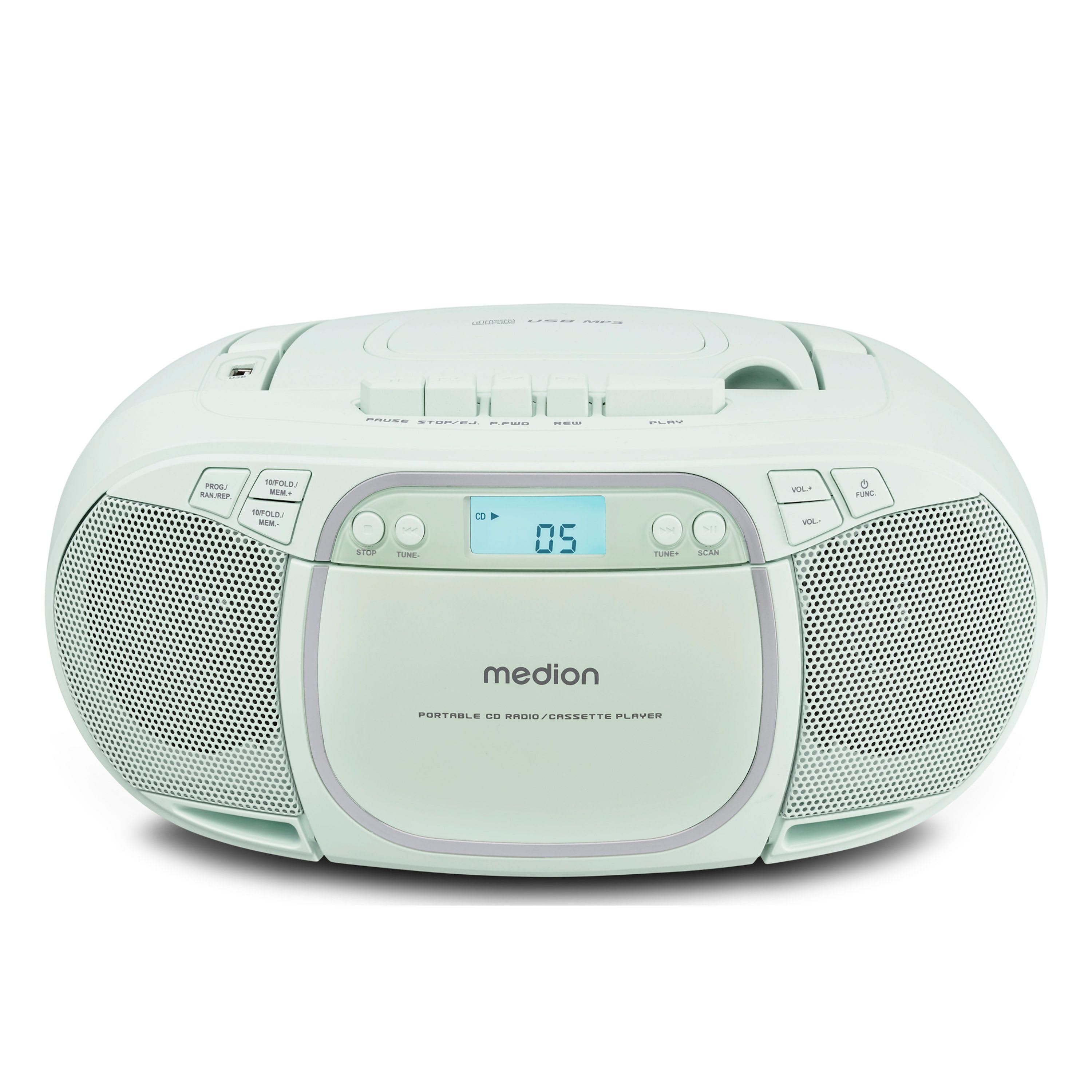 MEDION LIFE E66476 Tragbare CD-Boombox grün, CD-Player, Kassettendeck, FM-Radio, USB-MP3-Wiedergabe, 30…
