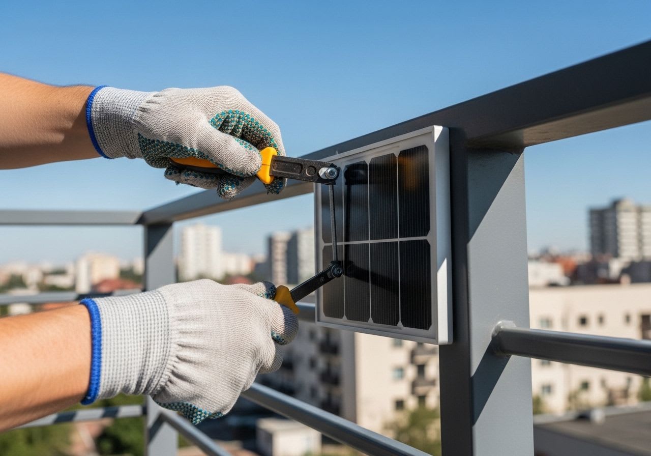 Eine Person beginnt, ein Balkonkraftwerk zu installieren, indem sie ein Solarmodul am Balkongeländer befestigt.