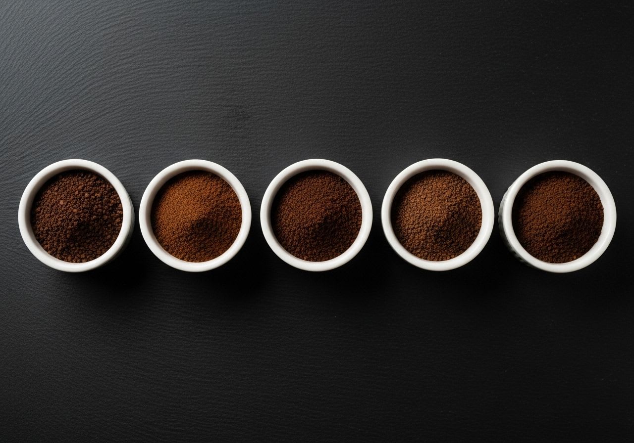 Kaffee Mahlgrad Tabelle: Übersicht verschiedener Mahlgrade von grob bis fein in kleinen Schalen aufgereiht.