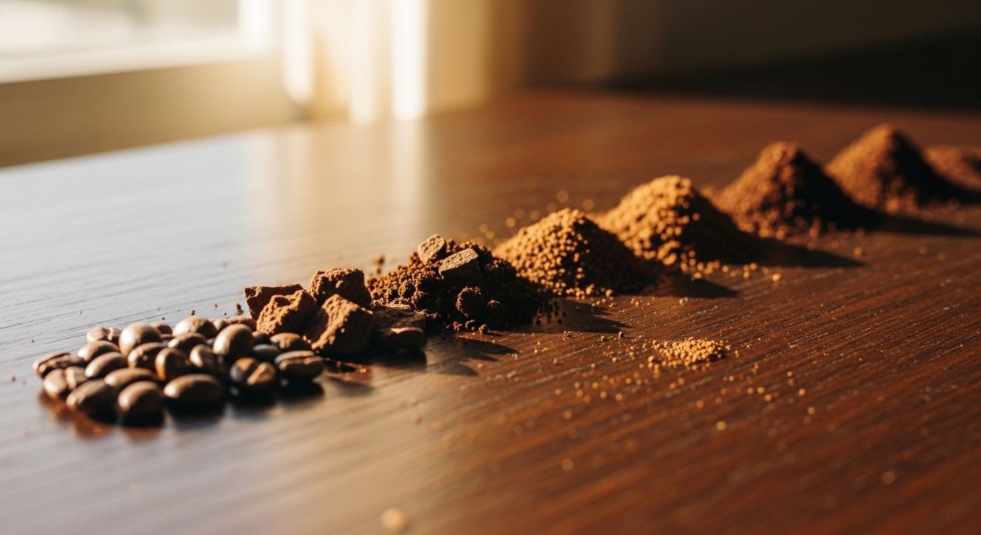 Die perfekte Kaffee Mahlgrad Tabelle: Eine visuelle Darstellung verschiedener Mahlgrade für optimalen Kaffeegenuss.