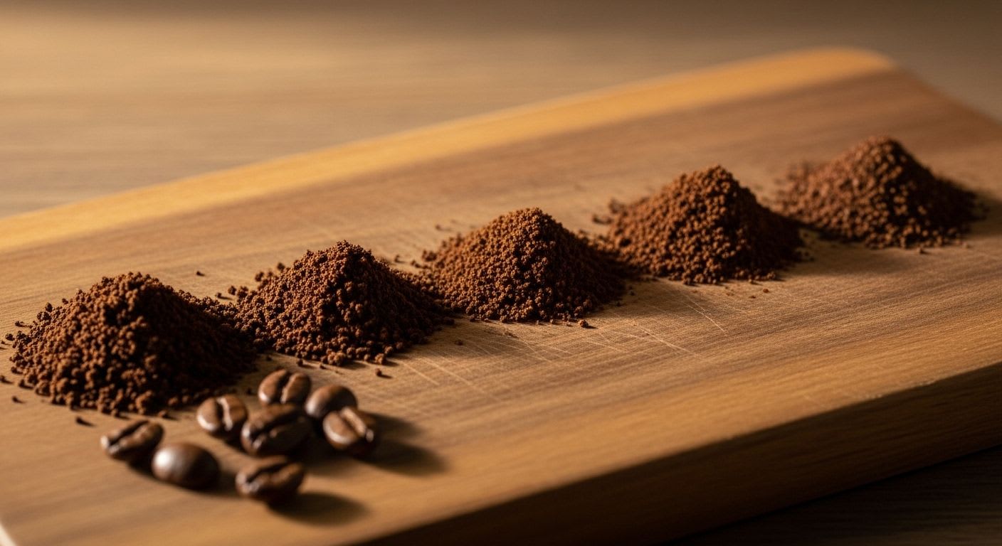 Visuelle Kaffee Mahlgrad Tabelle mit Mahlgraden von grob für die French Press bis fein für Espresso auf Holz.