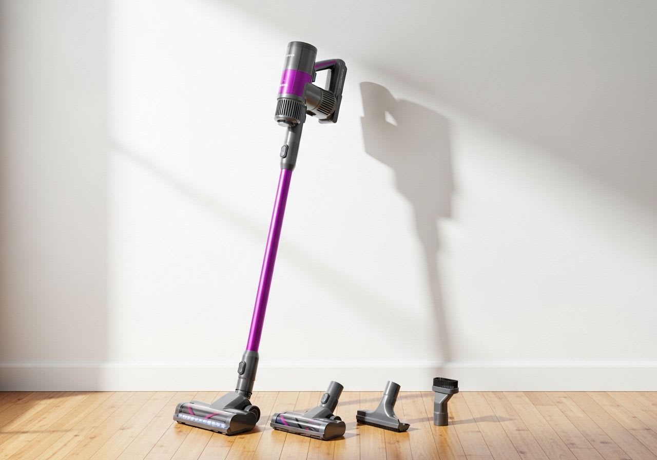 Moderner Dyson Staubsauger der V-Serie mit verschiedenen Zubehör-Aufsätzen auf hellem Holzboden vor einer weißen Wand.