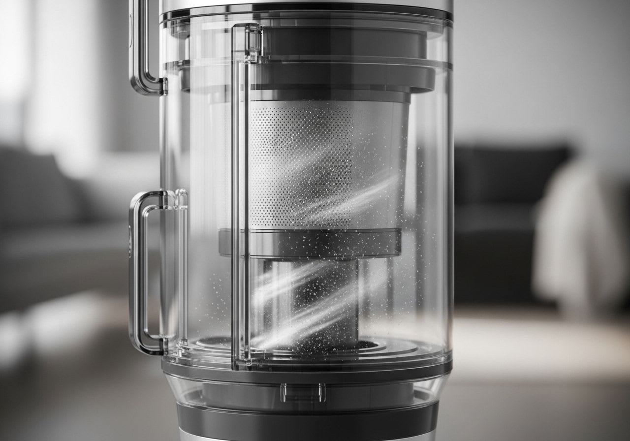 Nahaufnahme des gefüllten Staubbehälters eines Dyson Staubsaugers, der die leistungsstarke Zyklon-Technologie zeigt.