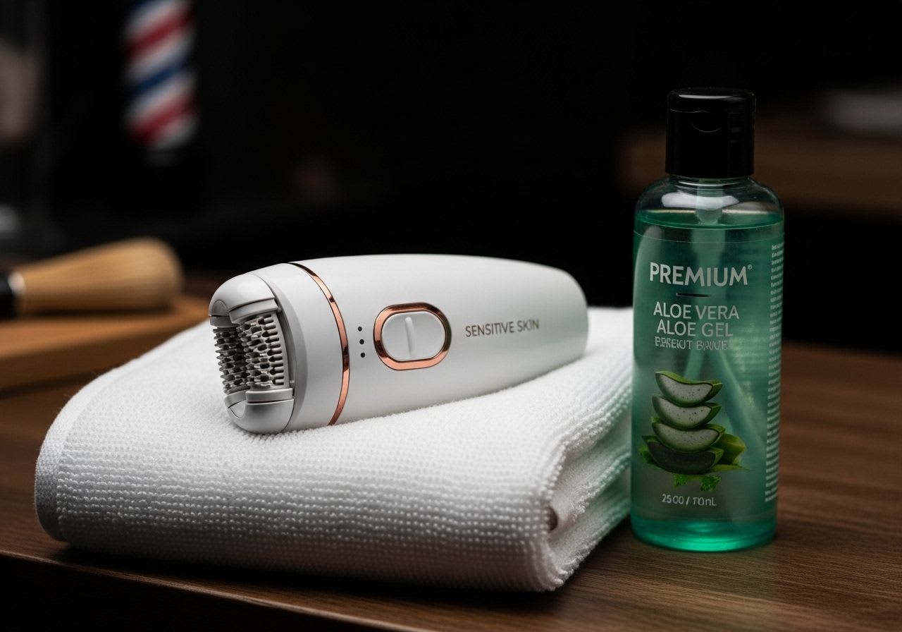 Ein moderner Epilierer für den Intimbereich neben einer Flasche Aloe Vera Gel, eine Vorbereitung zum Epilieren für glatte Haut.