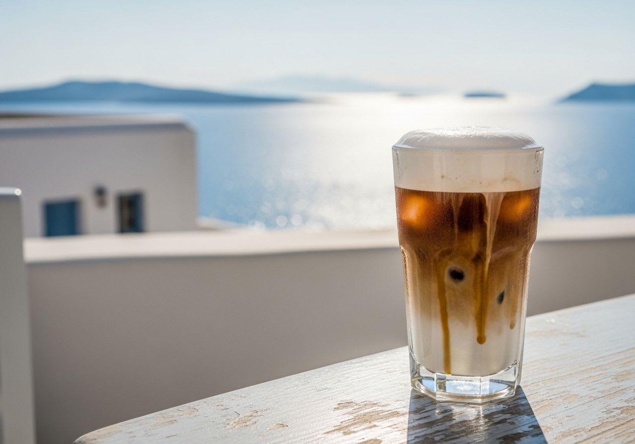 Ein Glas erfrischender Freddo Cappuccino, der griechische Eiskaffee, mit samtiger Milchschaumhaube auf einem Tisch am Meer.