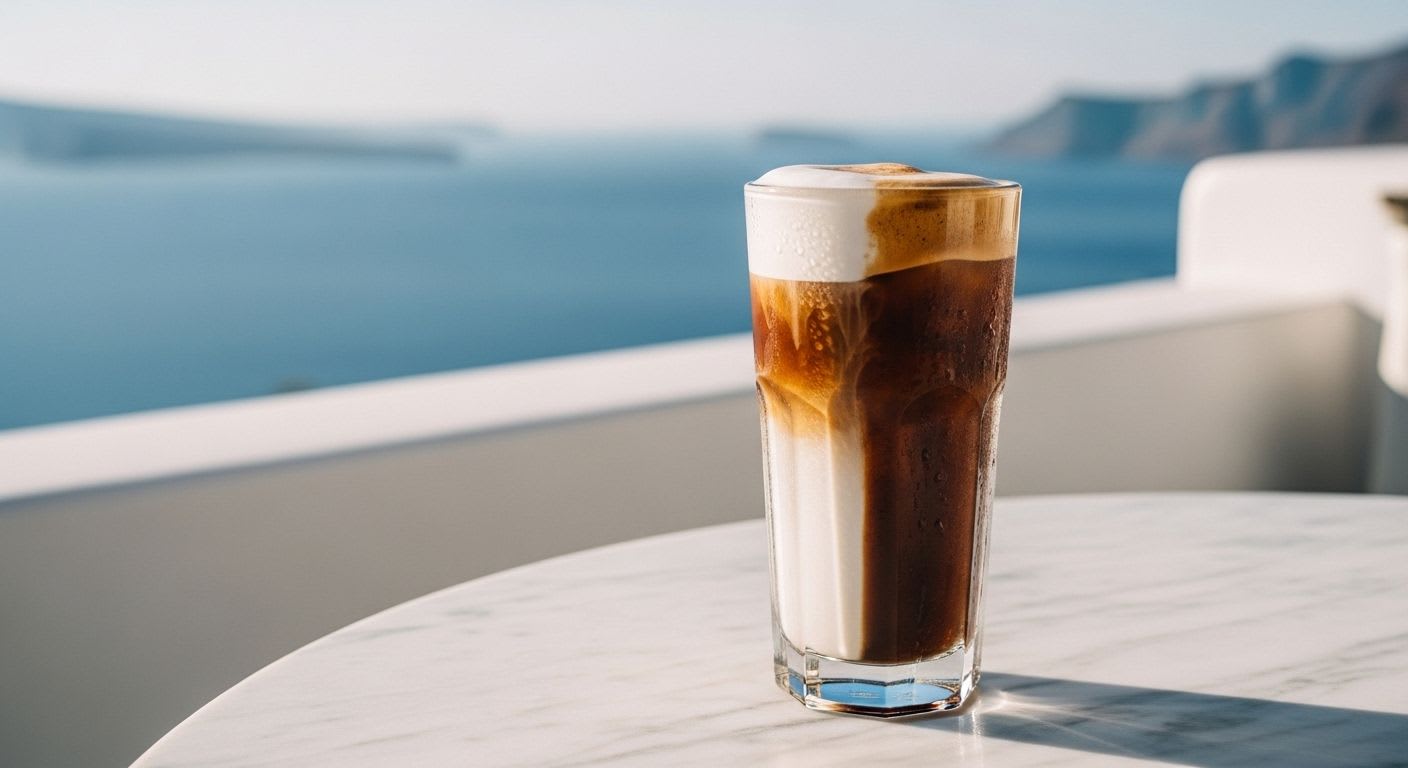 Ein perfekt zubereiteter Freddo Cappuccino, der griechische Eiskaffee, in einem Glas mit dicker Milchschaumhaube vor einer sonnigen Kulisse.