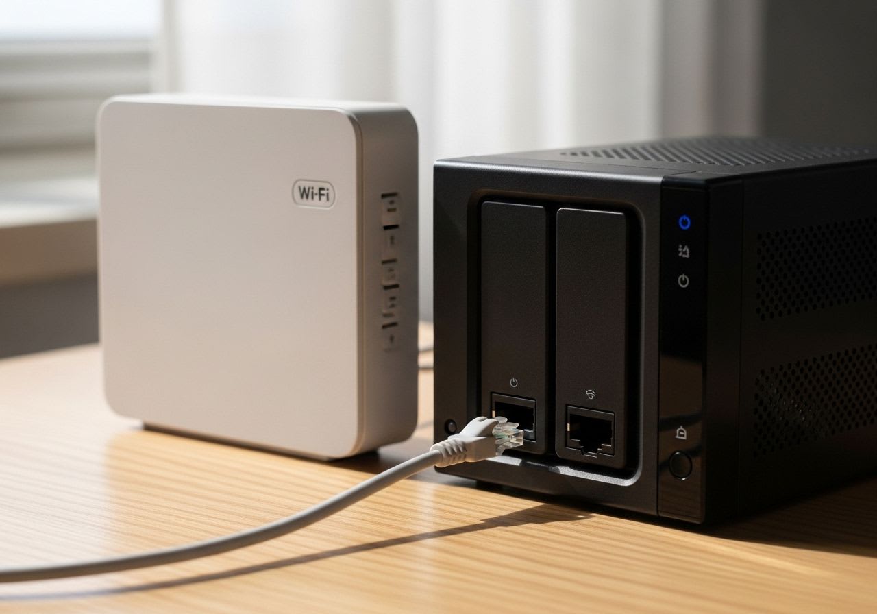 Moderne Einrichtung eines Speedport Smart 4 und NAS-Systems auf einem Schreibtisch für die einfache NAS-Einrichtung.