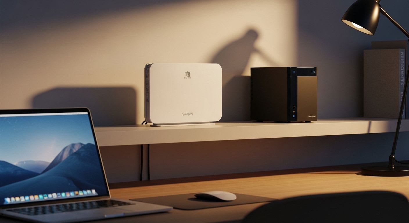 Anleitung zum Speedport Smart 4 NAS einrichten: Ein Router und NAS-Server in einem modernen Heimbüro integriert.