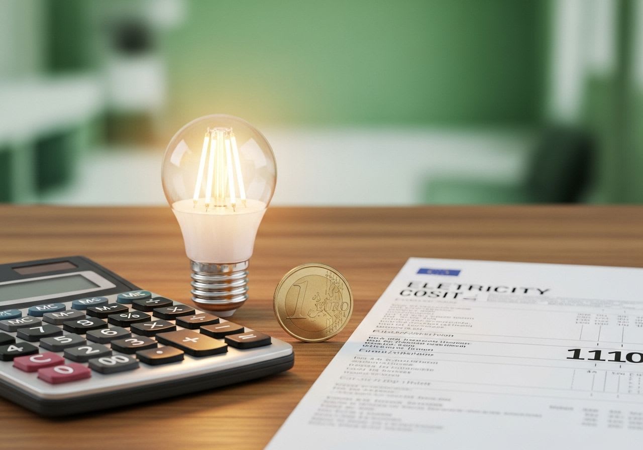 Ein Taschenrechner, eine LED-Glühbirne und eine Münze, um die Stromkosten pro kWh berechnen zu können.