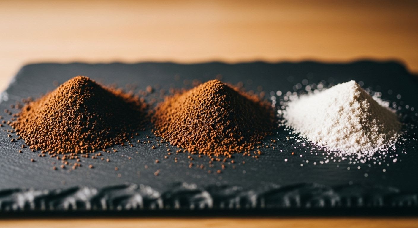 Vergleich verschiedener Mahlgrade für den Kaffeevollautomaten, von mittelfein für Caffè Crema bis sehr fein für Espresso.