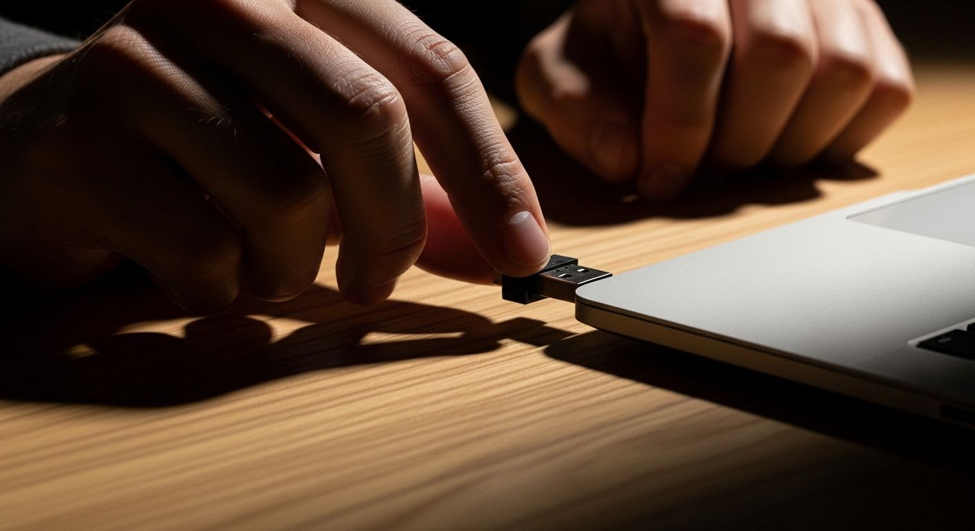 Client-seitige Optimierung: Ein externer USB-WLAN-Adapter wird an einen Laptop angeschlossen, um das WLAN-Signal zu verstärken.