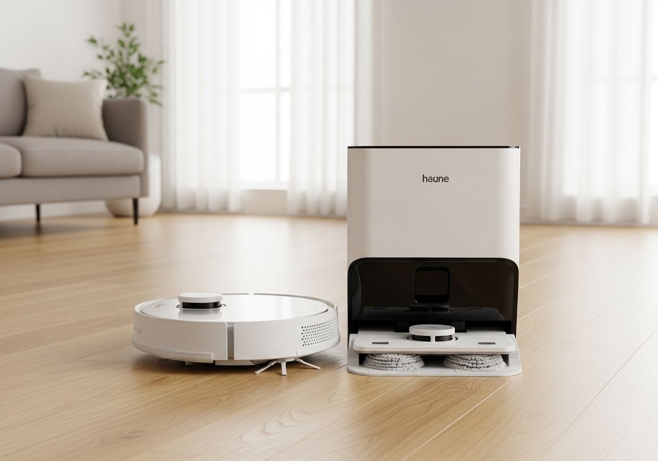 Der Mova V50 Ultra Complete Saugroboter mit Wischfunktion neben seiner vollautomatischen Station in einem modernen Wohnzimmer.