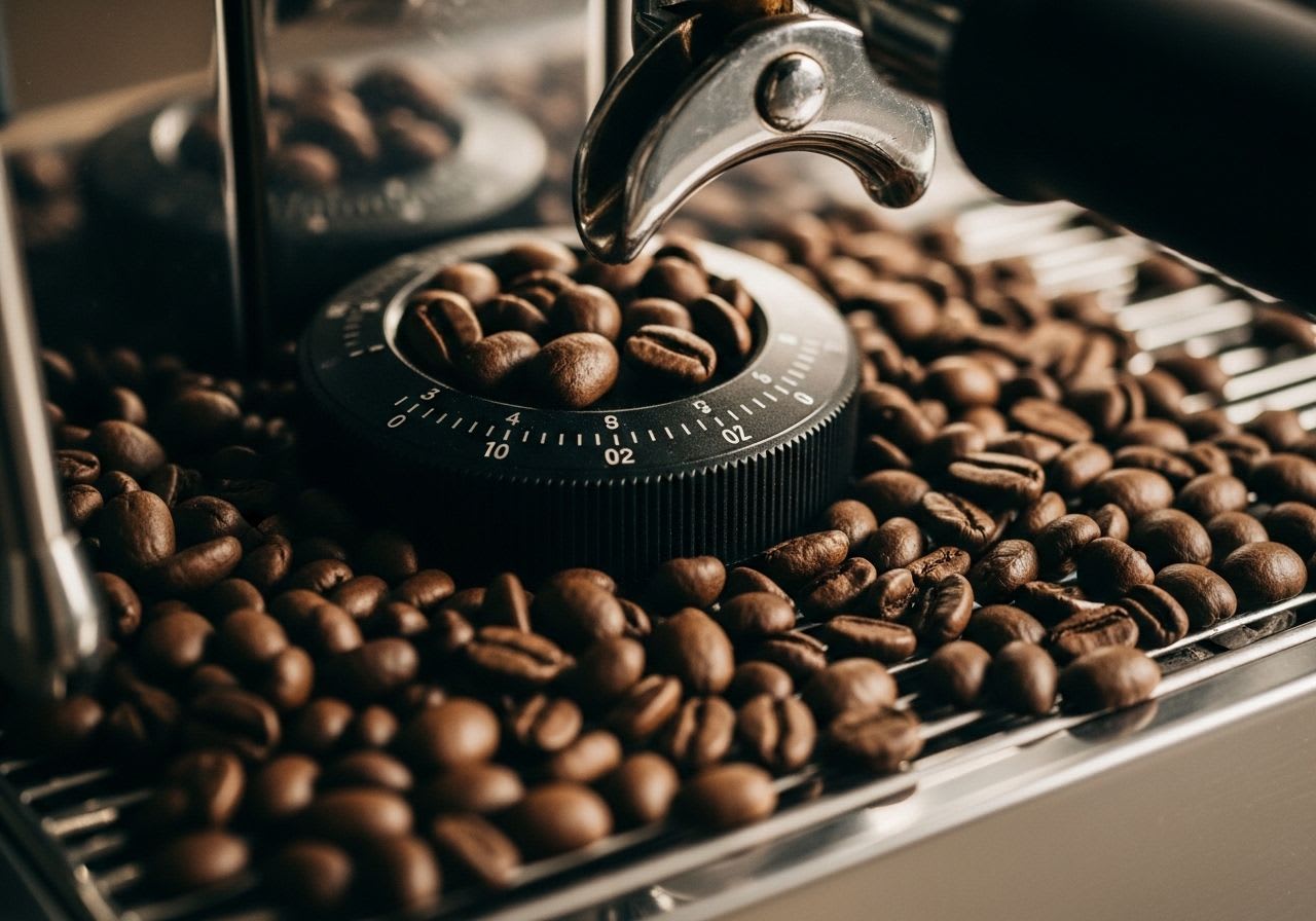 Nahaufnahme des Mahlgrad-Einstellrads in einem Kaffeevollautomaten, umgeben von Kaffeebohnen für den perfekten Geschmack.