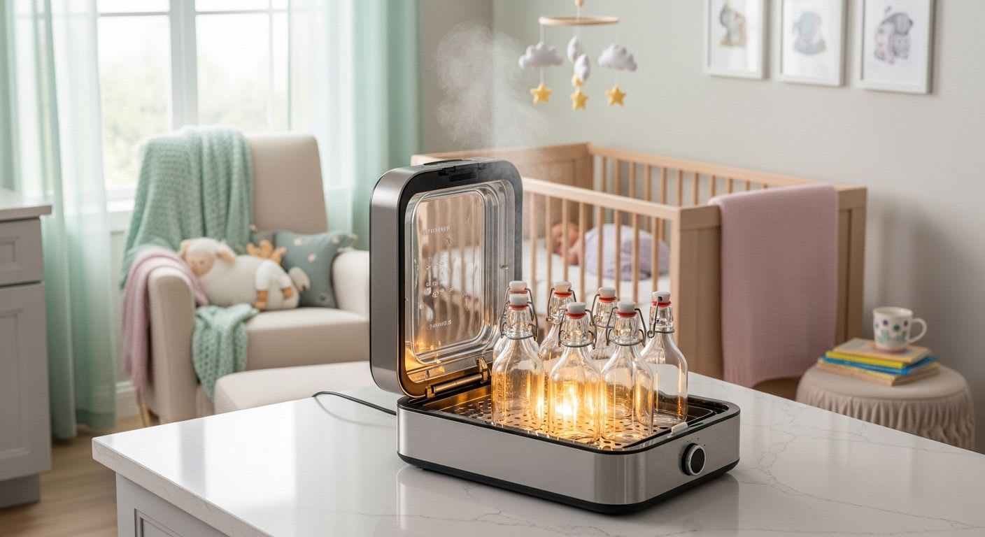 Bügelflaschen sterilisieren für optimale Hygiene: Ein moderner Dampfsterilisator gefüllt mit Glasflaschen auf einer sauberen Arbeitsfläche.