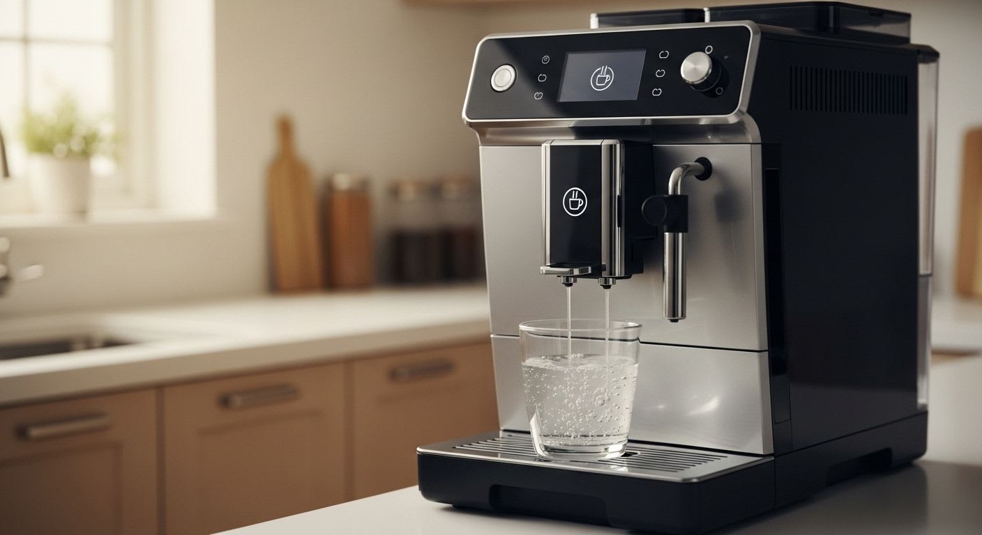 Der Entkalkungsvorgang eines Tchibo Kaffeevollautomaten stoppt nicht, während Entkalkerflüssigkeit in ein Glas läuft.
