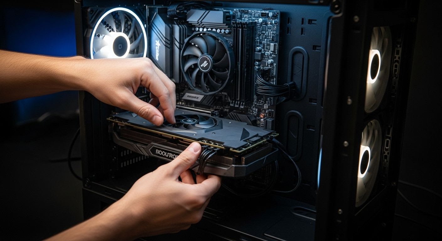 Eine Person rüstet einen alten PC auf, indem sie eine neue Grafikkarte in das Mainboard einbaut, um die Leistung zu steigern.