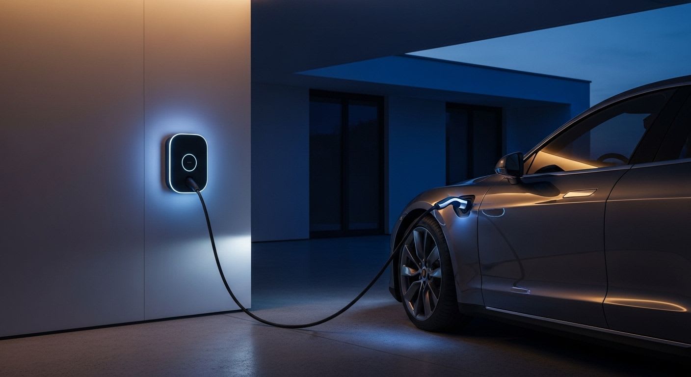 Fertiggestellte Wallbox Installation in einer modernen Garage, an der ein Elektroauto bei Dämmerung lädt.