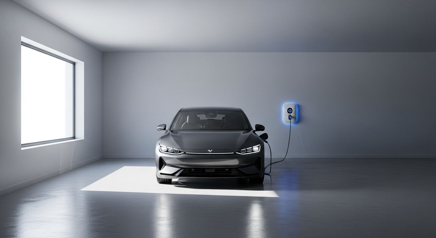 Eine fachgerechte Wallbox Installation in einer modernen Garage, die ein angeschlossenes Elektroauto beim Ladevorgang zeigt.