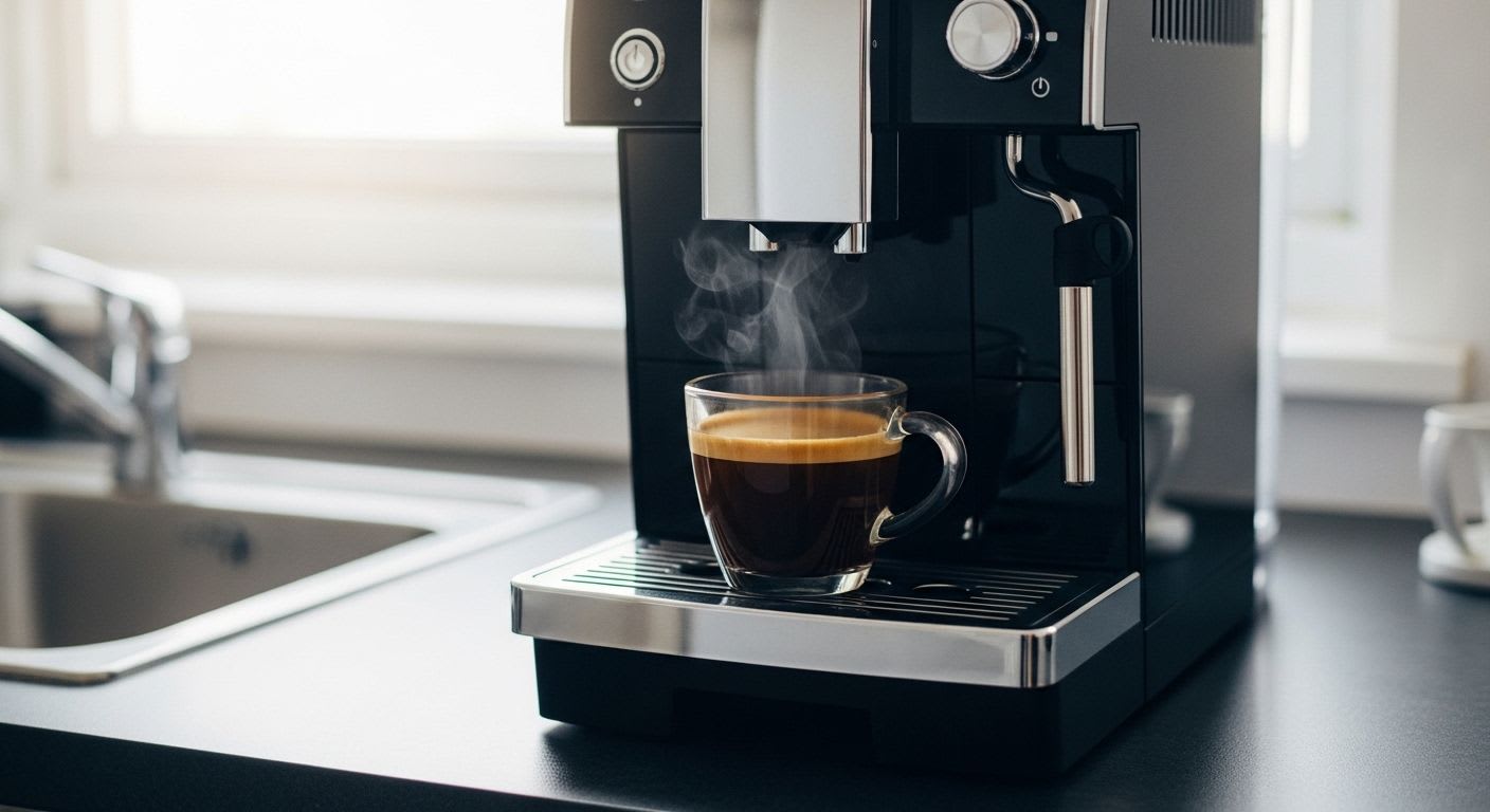 Perfekt gebrühter Espresso mit Crema neben einer DeLonghi Maschine, um die Kaffeestärke für optimalen Genuss präzise einzustellen.