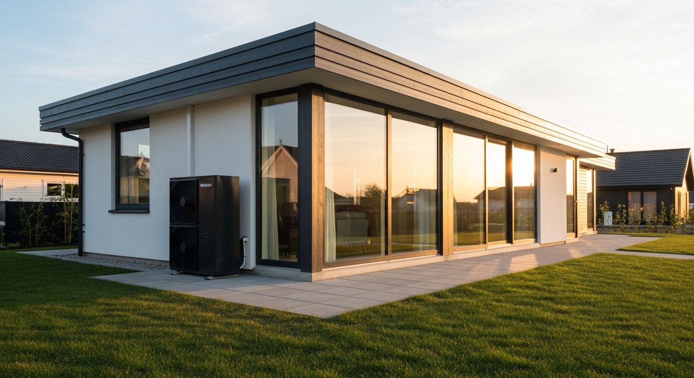 Eine effiziente Wärmepumpe an einem modernen Haus, die Fakten und Vorteile gegenüber der sogenannten 'Wärmepumpen-Lüge' aufzeigt.