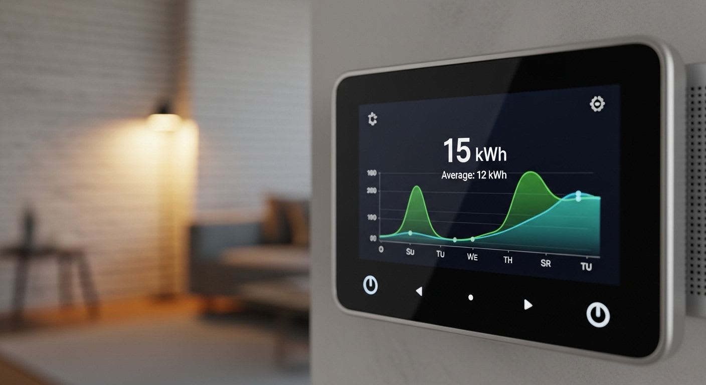 Modernes Thermostat zeigt den Energieverbrauch, ein Faktencheck zur Effizienz und den Mythen der Wärmepumpen-Lüge.